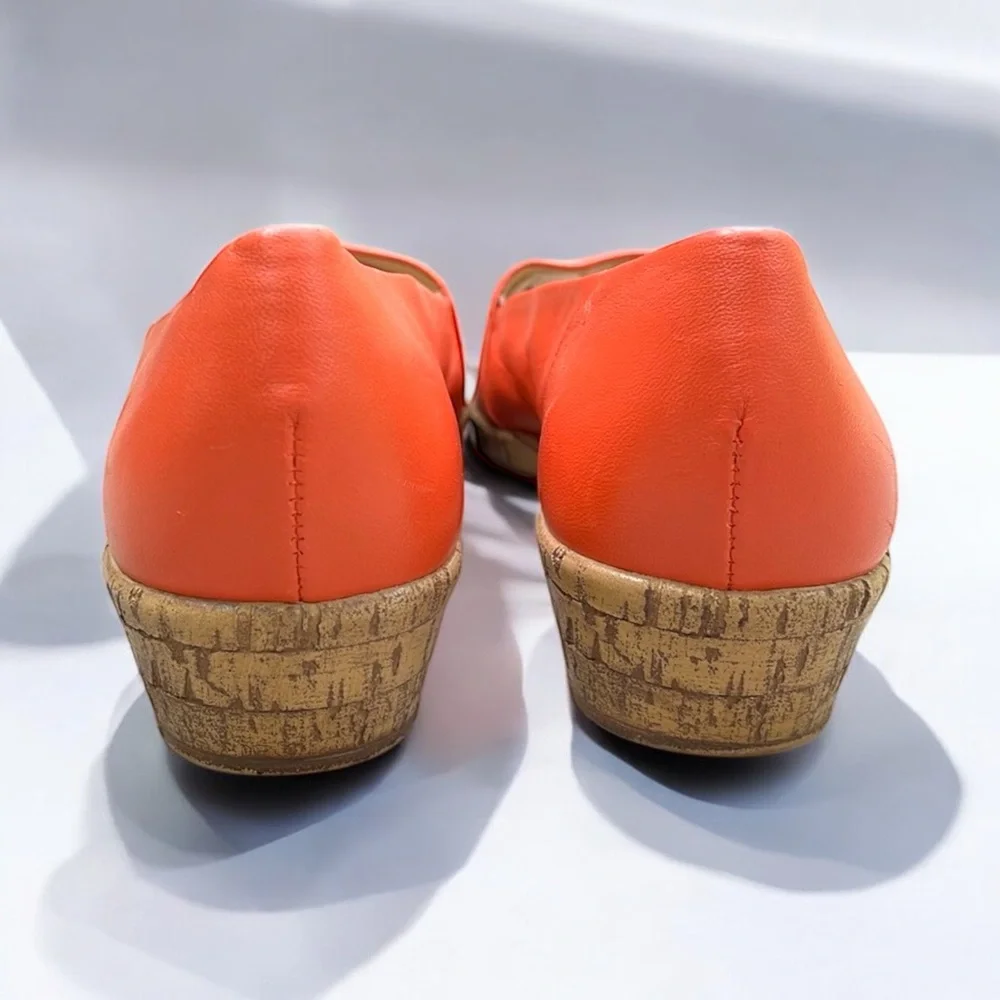 Michelle D Ellena Leather Low Wedge Open Toe Shoe in Coral Size 6 1/2